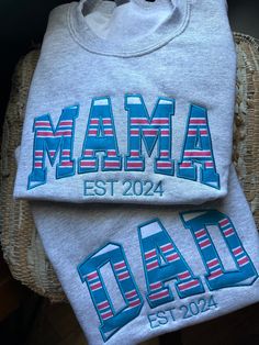 Embroidered hospital blanket Mama sweatshirt - Appliqué Mama sweatshirt - Mama gift - personalize mama crewneck - personalized embroidery gift the perfect way to  welcomed your baby into the world! this sweatshirt is made with ash sweatshirt with provided hospital blanket.  This is a listing for both mom and dad sweatshirt.  YOU DO NOT NEED TO SEND ANYTHING IN.  this is embroidered applique. the blanket will start to look "used" as soon as it's touched. you will notice slight pulling of the flee Machine Embroidery Items To Sell, Mom Embroidered Sweatshirt, Customizable Family Matching Crew Neck Sweatshirt, Personalized Cotton Crew Neck Sweatshirt, Customizable Cotton Varsity Sweatshirt, Customizable Varsity Cotton Sweatshirt, Personalized Crew Neck Sweatshirt In Relaxed Fit, Personalized Relaxed Fit Crew Neck Sweatshirt, Mom And Dad Sweatshirts