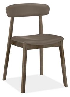 a wooden chair with grey leather upholstered seat and back, viewed from the front