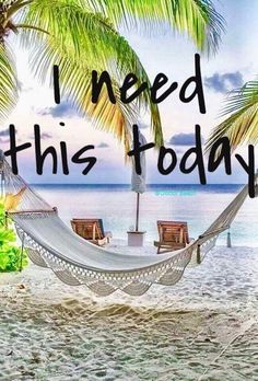 a hammock with the words i need this today on it and two beach chairs under palm trees