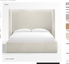 an image of a bed with white linens and pillows on the headboard, as well as color swatches