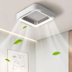 an air conditioner is suspended from the ceiling in a room with white walls and green leaves