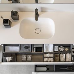 an overhead view of a bathroom sink and shelves