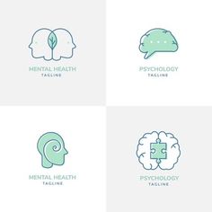 four different logos for mental health and psychic coaching, including one with a brain in the middle