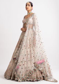 Intricately hand embroidered with thread zari and sequins sweetheart blouse, lehenga and a heavy mirror cut work net dupatta. Sweetheart Blouse, Blouse Lehenga, Lehenga Dupatta, Net Blouses, Lehenga Skirt, Rose Embroidery, Net Dupatta, White Embroidery, Cut Work