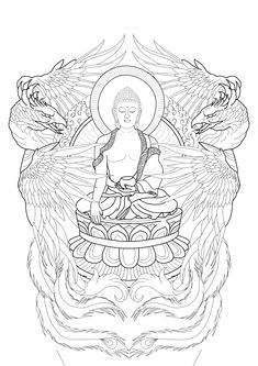 a drawing of a buddha sitting on top of a table with two dragon around it