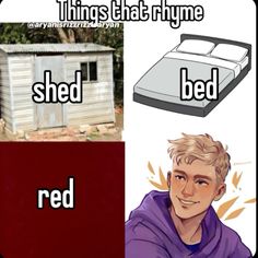 two pictures one with a bed and the other with a shed that says, things that try me to shed