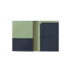 a green and blue wallet on a white background