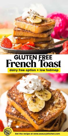 french toast with bananas and whipped cream on top is featured in this postcard for gluten free french toast