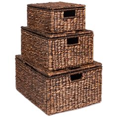 three wicker baskets stacked on top of each other