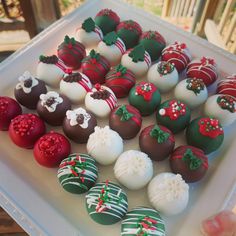 chocolate covered strawberries are arranged on a white platter with red and green decorations