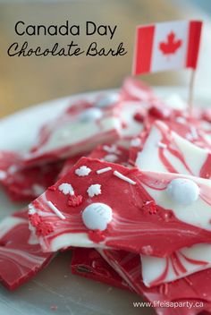 red and white chocolate bark with canadian flag on top