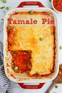 a casserole dish is shown with the words tamale pie on it