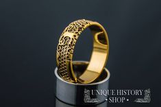 This ring is the unique and original design of Unique History Shop brand. Can't be found in any other Etsy stores! This is a unique handmade ring Metal: 14K gold (18K for custom orders) Weight: 5-7 g (depends on size) Great Details Made-to-order We can make it in any size you need! (check options) Dear customer, if you have any questions - don't hesitate to contat me! :) We can make custom engraving to this ring for you! Just add this listing to your order and a note with what do you need to be Symbolic Wedding Jewelry With Intricate Design, Symbolic Hallmarked Wedding Rings, Symbolic Wedding Rings Hallmarked, Luxury Wedding Ring With Unique Design, Unique Etched Jewelry For Wedding, Elegant Etched Jewelry For Marriage, Unique Etched Wedding Jewelry, Gold Etched Rings For Wedding, Unique Engraved Ring For Wedding