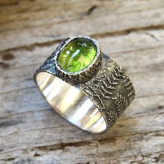 Fern Ring Sterling Silver Ring Peridot Ring Woodland Ring Nature-inspired Peridot Rings As Gift, Handmade Oval Peridot Rings, Hand Forged Oval Green Jewelry, Etching Inspiration, Fern Ring, Woodland Ring, Witchcraft Jewelry, Botanical Ring, Bold Statement Jewelry