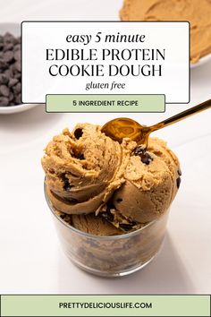 three scoops of ice cream in a glass bowl with chocolate chips on the side