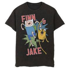 a black t - shirt with finn and jake on it