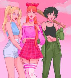 three cartoon girls standing next to each other