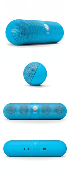 three different views of the bluetooth speaker, one with its speakers and two without