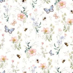 a white background with flowers and butterflies on it