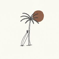 a drawing of a palm tree with an orange ball hanging from it's trunk