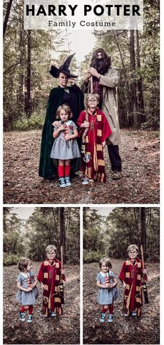 harry potter family costume is shown in three different pictures, including the child's face and