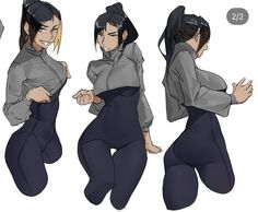 an anime character poses in various positions to show off her body and back side view