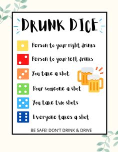 a poster with the words drunk dice written on it and two beer mugs next to each other