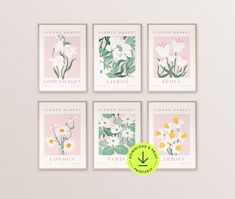 four flower market posters in pastel pink and green