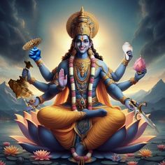 the god is sitting on top of a lotus with his hands in each hand and holding two