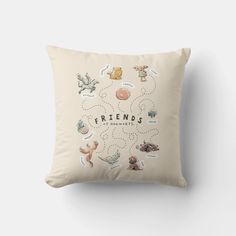 a square pillow with the words friends on it and images of animals, fish, seaweed, seashells