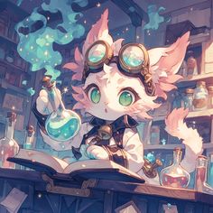 a cat with goggles is holding a beakle in front of an open book