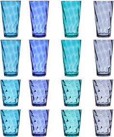 many different colored glass cups are shown in this image, each with an interesting pattern