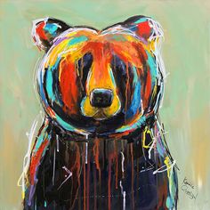 a painting of a brown bear with black and orange colors on it's face