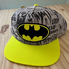 Retro Batman Collectors Hat Baseball Cap Dc Comics Neon Yellow And Black Gray Design New With Tags Awesome Gift Or For A Collector Calling All Batman Fans Street Wear Smoke Free Home Quick Shipped Fun Yellow Adjustable Baseball Cap, Yellow Snapback Sports Hat, Yellow Snapback Hat With Flat Brim, Yellow Flat Brim Baseball Cap, Yellow Baseball Cap For Streetwear, One Size, Yellow Baseball Cap For Streetwear, Yellow Snapback Baseball Cap With Letter Print, Yellow Novelty Cap Style Hat, Yellow Novelty Cap