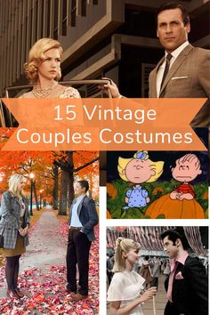 some people are dressed up in costumes and posing for pictures with the caption 15 vintage couples costumes