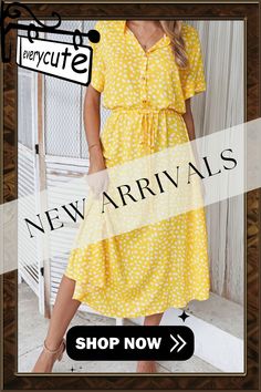 Casual Print Split Joint Turndown Collar Waist Skirt Dresses(8 Colors) Casual Dresses With Flowy Skirt, Spring Flowy Dresses With Pockets, Trendy Spring Dress With Flowy Skirt, Trendy Flowy Skirt Dress For Spring, Yellow Casual Dresses For Dress Down Occasions, Casual Yellow Dress For Dress Down Occasions, Turndown Collar, Waist Skirt, Dress Skirt