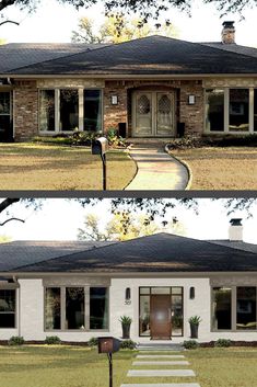 before and after shots of a house with front porch, entry door and steps leading up to it