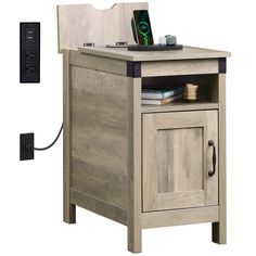 a wooden cabinet with an electronic device on the top and charging plugged into it