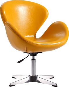 an office chair with a yellow leather upholstered seat and chrome base, viewed from the front