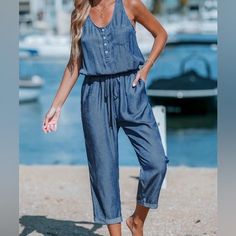 Rayon/Polyester - Size Small - Nwt Sleeveless Blue Denim Jumpsuit For Day Out, Beach Season Jumpsuits And Rompers With Pockets, Blue Denim Jumpsuit For Beach In Spring, Blue Denim Jumpsuit For Spring Beach Outings, Blue Denim Jumpsuit For Beach And Spring, Casual Blue Jumpsuits And Rompers For Beach Season, Casual Denim Jumpsuits And Rompers For Vacation, Summer Beach Denim Overall Jumpsuit, Blue Jumpsuits And Rompers With Pockets For Vacation