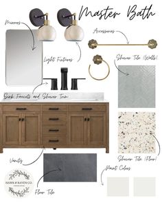 Transform your master bathroom into a luxurious and timeless retreat with this expertly curated mood board by Hawk & Raven Co. This design guide features: *Elegant Vanity: A rich wooden finish that exudes warmth and sophistication. *Chic Light Fixtures: Modern sconces with gold accents to elevate your space. *Matte Black Faucets & Shower Trim: Sleek and stylish, adding a contemporary touch. *Accents & Accessories: Unique floral-inspired towel bars and rings that infuse charm. *Beautiful Tile Selections: ◦Shower Walls: A soft herringbone pattern or subway pattern tile that creates texture and interest. ◦Shower Floor: Terrazzo tile with warm, earthy tones for a fresh, natural look. ◦Main Floor Tile: Dark slate-like tile for contrast and boldness. *Paint Colors: Soothing, muted white tones to Matte Black Hardware Bathroom, Slate Flooring Bathroom, Bathroom Mood Board Inspiration, Black And Tan Bathroom, Gold And Black Bathroom, Mixed Metals Bathroom, Floor Terrazzo, Chic Light Fixtures, Bathroom Moodboard