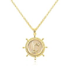 PRICES MAY VARY. ⛵GOLD RUDDER PENDANT NECKLACE⛵This gold round rudder pendant necklace is a fine piece of jewelry, renowned for its unique design and exquisite craftsmanship. The pendant features a classic cable chain, giving the entire necklace a stylish and elegant look. The pendant itself is a circular rudder shape, engraved with a sailing ship and adorned with seagulls. This design is not only beautiful but also imbued with a maritime spirit, making it a captivating accessory. ⛵TRENDY SAILBO Gold-tone Gold Plated Round Charm Necklace, Round Medallion Necklace With Gold Chain As Gift, Gift Medallion Necklace With Gold Chain, Gift Round Medallion Necklace With Gold Chain, Gold Medallion Locket Necklace With Lobster Clasp, Gold Round Gold-plated Charm Necklaces, Gold Plated Round Charm Necklaces, Gold Charm Necklace With Lobster Clasp, Gold Medallion Necklace With Lobster Clasp