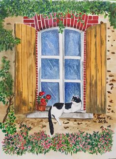 a painting of a black and white cat sitting in front of a window