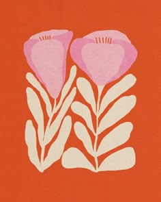 two pink flowers on an orange background