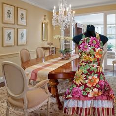 the dress is on display in the dining room