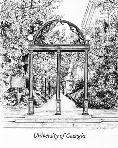 the university of georgia arch is shown in this black and white drawing, with trees surrounding it