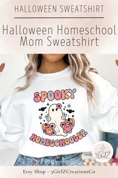 Super cute spooky homeschooler sweatshirt, Halloween sweatshirt or Halloween homeschool sweatshirt! This retro Halloween sweatshirt, or homeschool Mom sweatshirt, is the perfect spooky season sweatshirt and a great addition to any wardrobe. Halloween crewnecks that are made from polyester and cotton. This combination helps designs come out looking fresh and beautiful. Grab these homeschooler shirts for the perfect homeschool gift for Mom! Halloween Sweatshirt