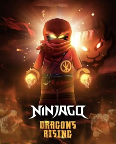 an image of a lego ninja character in front of a dark background with the words dragon rising