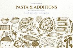 the cover of pasta and additions, with an image of various ingredients in it's outline