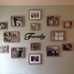 a wall with many family photos and the word interest on it's back side